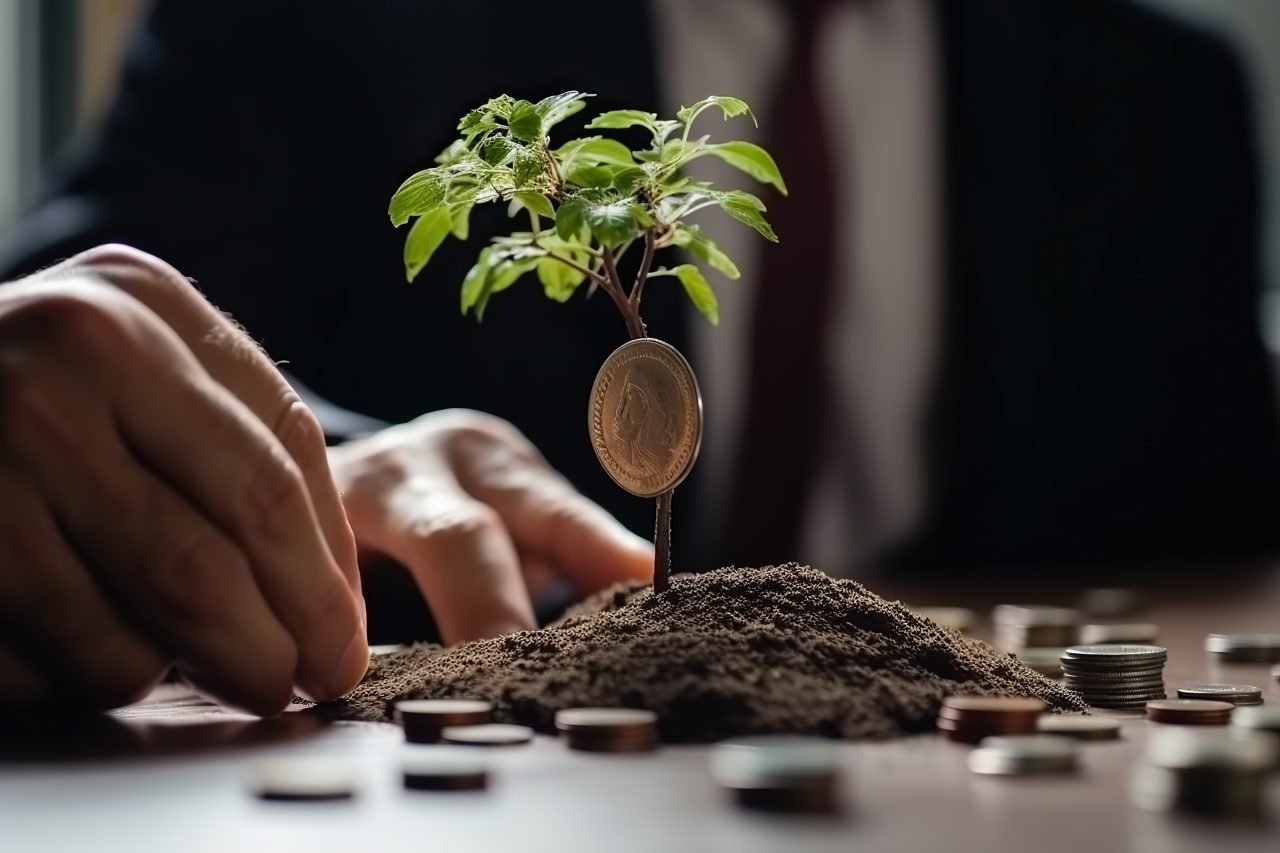 Money Growing Business: Photo of a Businessman Planting a Money Tree for Financial Success