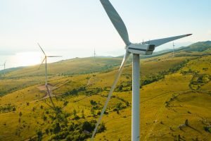 Wind driven generators produce renewable energy in highland