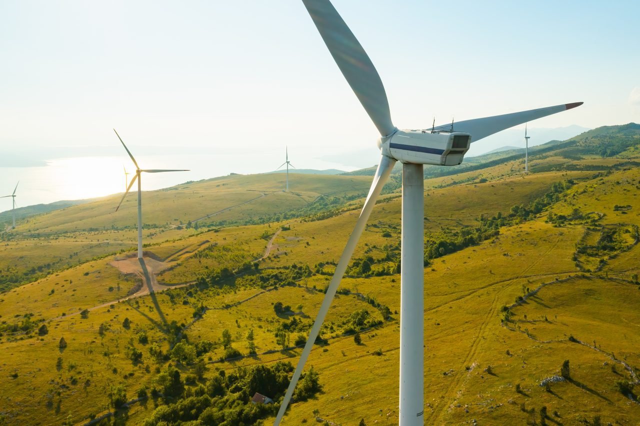 Wind driven generators produce renewable energy in highland
