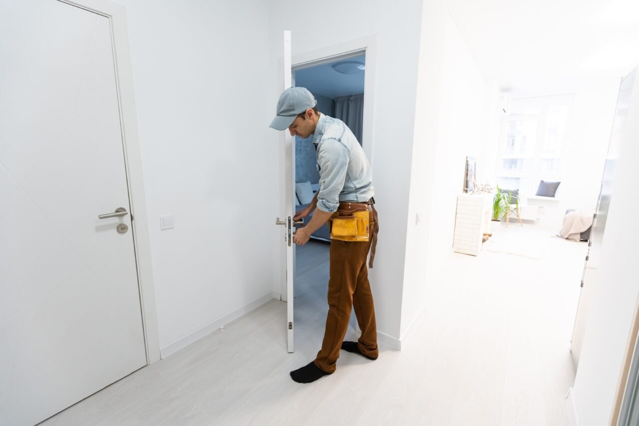 Installation of a lock on the front wooden entrance door. Portrait of young locksmith workman